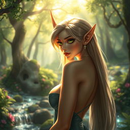 A beautifully crafted fantasy scene featuring an elegant and sultry elf with large, alluring eyes and long flowing hair