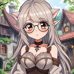 An anime-style character illustration featuring a submissive-looking elf with large, captivating eyes