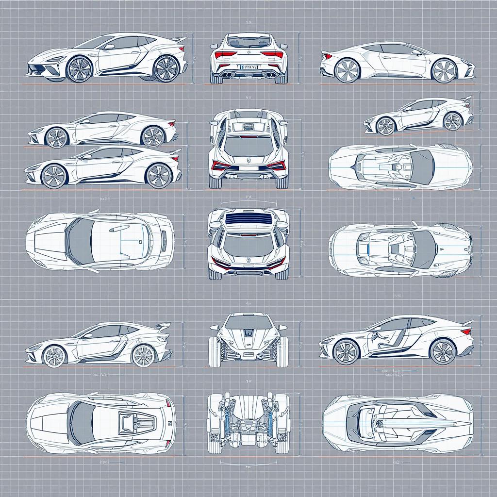 A collection of 20 high-quality 3D blueprint sketches of futuristic cars, each featuring multiple views: front, back, left, right, top, and bottom