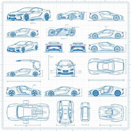 A collection of 20 high-quality 3D blueprint sketches of futuristic cars, each featuring multiple views: front, back, left, right, top, and bottom