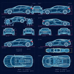 A collection of 20 high-quality 3D blueprint sketches of futuristic cars, each featuring multiple views: front, back, left, right, top, and bottom