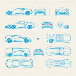 A collection of 20 high-quality 3D blueprint sketches of futuristic cars, each featuring multiple views: front, back, left, right, top, and bottom