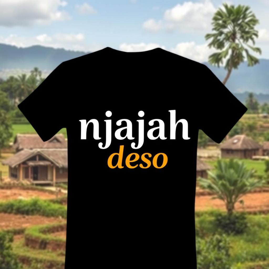 A stylish black t-shirt featuring the phrase "njajah deso" in an aesthetic and creative font