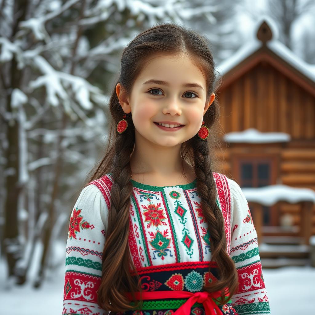 A cute Russian girl with a warm smile, wearing traditional Russian attire with intricate patterns and vibrant colors, standing in a picturesque winter landscape with snow-covered trees and a cozy wooden cabin in the background