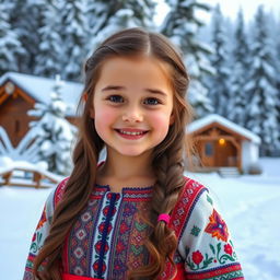 A cute Russian girl with a warm smile, wearing traditional Russian attire with intricate patterns and vibrant colors, standing in a picturesque winter landscape with snow-covered trees and a cozy wooden cabin in the background