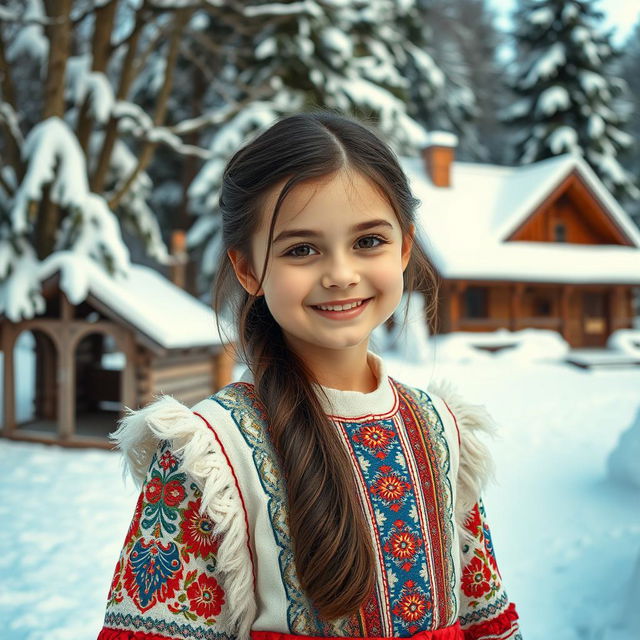 A cute Russian girl with a warm smile, wearing traditional Russian attire with intricate patterns and vibrant colors, standing in a picturesque winter landscape with snow-covered trees and a cozy wooden cabin in the background