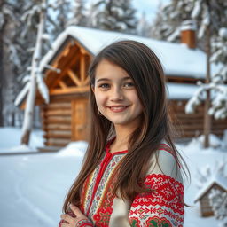 A cute Russian girl with a warm smile, wearing traditional Russian attire with intricate patterns and vibrant colors, standing in a picturesque winter landscape with snow-covered trees and a cozy wooden cabin in the background