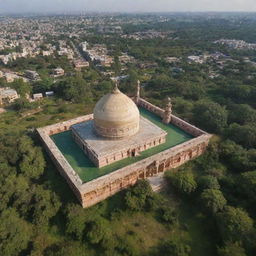 An aerial view showing the Barbary Mosque on one side and the Ram Temple on the other side, surrounded by lush greenery under a beautiful sky.