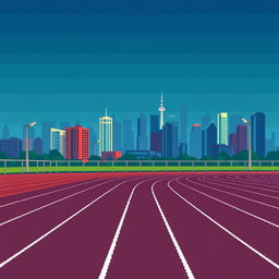 An athletics track set against a city skyline, depicted in pixel art style with a side view for a simple video game