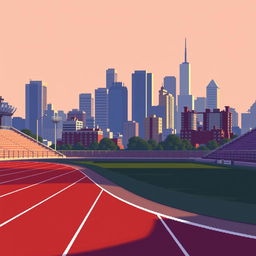 An athletics track set against a city skyline, depicted in pixel art style with a side view for a simple video game