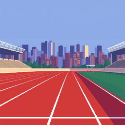 An athletics track set against a city skyline, depicted in pixel art style with a side view for a simple video game