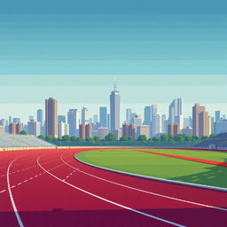 An athletics track set against a city skyline, depicted in pixel art style with a side view for a simple video game