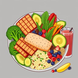 Illustration of a balanced and nutritious meal for muscle gain, featuring lean proteins like grilled chicken, salmon, and tofu