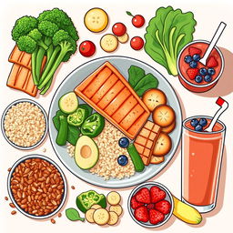 Illustration of a balanced and nutritious meal for muscle gain, featuring lean proteins like grilled chicken, salmon, and tofu