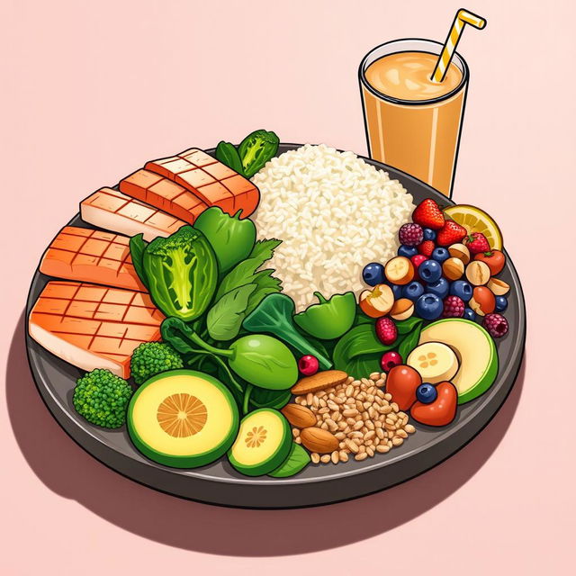 Illustration of a balanced and nutritious meal for muscle gain, featuring lean proteins like grilled chicken, salmon, and tofu