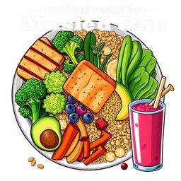 Illustration of a balanced and nutritious meal for muscle gain, featuring lean proteins like grilled chicken, salmon, and tofu