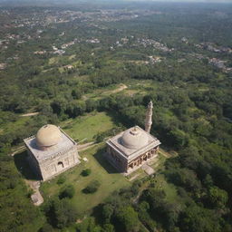 An aerial view showing the Barbary Mosque on one side and the Ram Temple on the other side, surrounded by lush greenery under a beautiful sky.