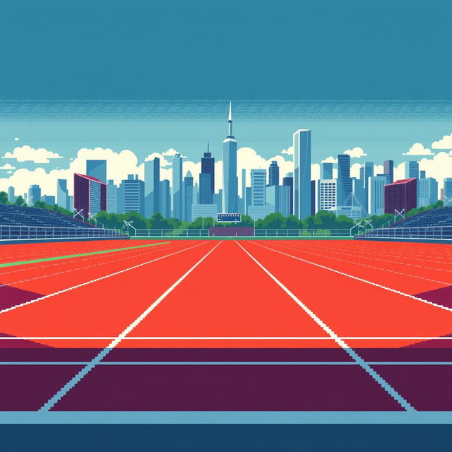 A pixel art depiction of an athletics track viewed from the side, featuring a bustling city as the background