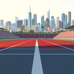 A pixel art depiction of an athletics track viewed from the side, featuring a bustling city as the background