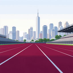 A pixel art depiction of an athletics track viewed from the side, featuring a bustling city as the background