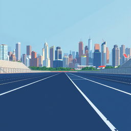 A pixel art depiction of an athletics track viewed from the side, featuring a bustling city as the background