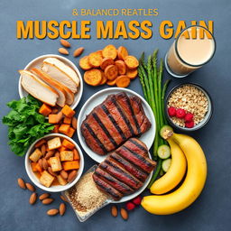 Realistic depiction of a balanced meal plan for muscle mass gain, showcasing a variety of protein-rich foods such as grilled chicken breast, beef steak, and tofu