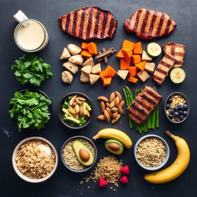 Realistic depiction of a balanced meal plan for muscle mass gain, showcasing a variety of protein-rich foods such as grilled chicken breast, beef steak, and tofu