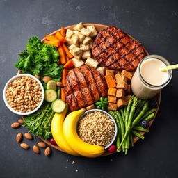 Realistic depiction of a balanced meal plan for muscle mass gain, showcasing a variety of protein-rich foods such as grilled chicken breast, beef steak, and tofu