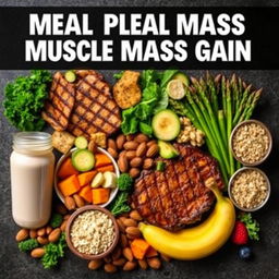 Realistic depiction of a balanced meal plan for muscle mass gain, showcasing a variety of protein-rich foods such as grilled chicken breast, beef steak, and tofu