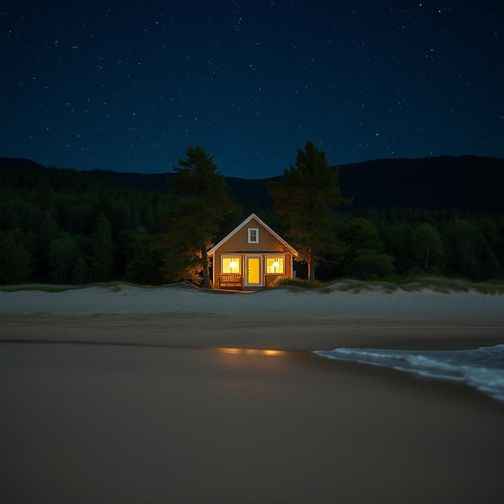 A serene night scene featuring a small house on a beach, viewed from the front