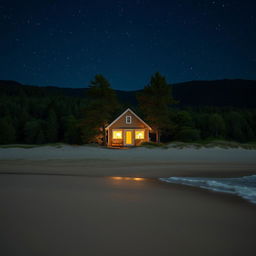 A serene night scene featuring a small house on a beach, viewed from the front