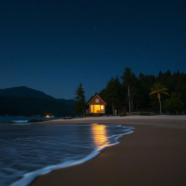 A serene night scene featuring a small house on a beach, viewed from the front