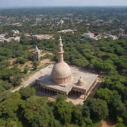 An aerial view showing the Barbary Mosque on one side and the Ram Temple on the other side, surrounded by lush greenery under a beautiful sky.