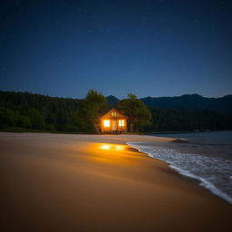 A serene night scene featuring a small house on a beach, viewed from the front