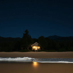 A serene night scene featuring a small house on a beach, viewed from the front