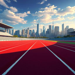 A pixel art depiction of a running track in profile view, showcasing a vibrant city background