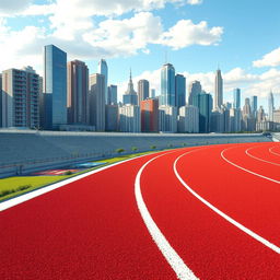 A pixel art depiction of a running track in profile view, showcasing a vibrant city background