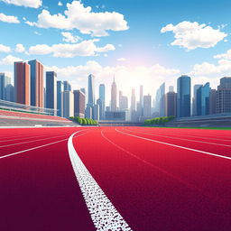 A pixel art depiction of a running track in profile view, showcasing a vibrant city background