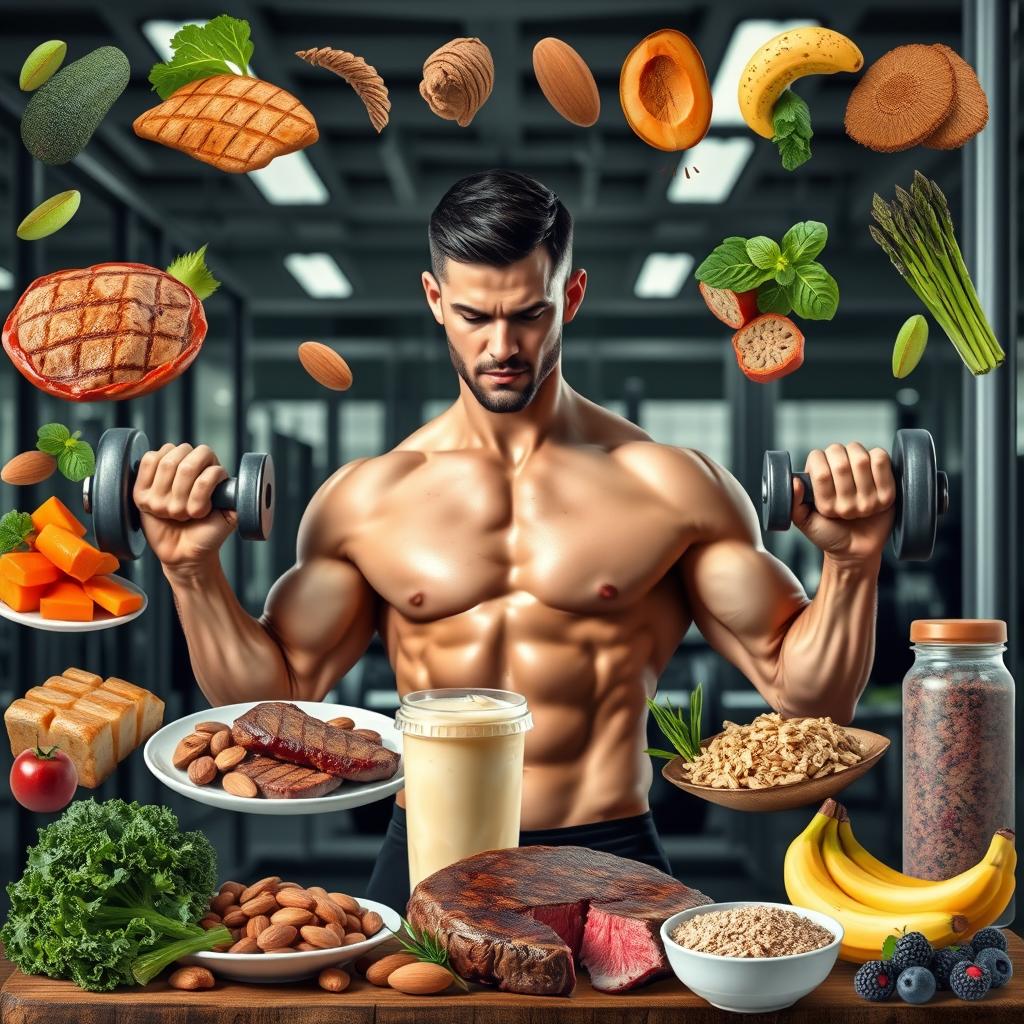 Realistic depiction of a man intensely training in the gym, surrounded by elements of a muscle-building diet