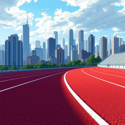 A pixel art depiction of a running track in profile view, showcasing a vibrant city background