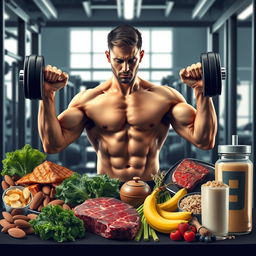 Realistic depiction of a man intensely training in the gym, surrounded by elements of a muscle-building diet