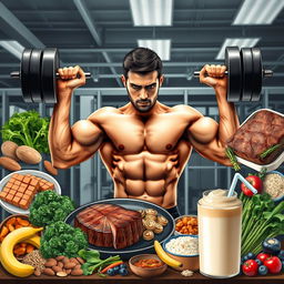 Realistic depiction of a man intensely training in the gym, surrounded by elements of a muscle-building diet