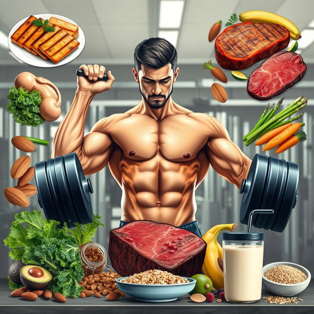 Realistic depiction of a man intensely training in the gym, surrounded by elements of a muscle-building diet