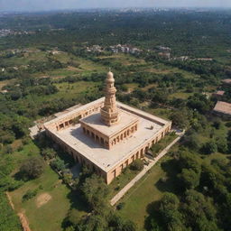 An aerial view showing the Barbary Mosque on one side and the Ram Temple on the other side, surrounded by lush greenery under a beautiful sky.