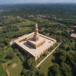 An aerial view showing the Barbary Mosque on one side and the Ram Temple on the other side, surrounded by lush greenery under a beautiful sky.