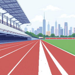 A pixel art representation of a running track in profile view, featuring a detailed overview of the track's lanes and textures