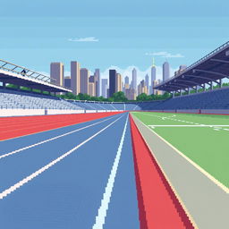 A pixel art representation of a running track in profile view, featuring a detailed overview of the track's lanes and textures