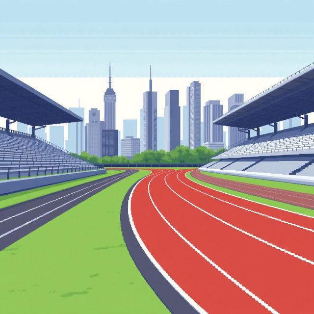 A pixel art representation of a running track in profile view, featuring a detailed overview of the track's lanes and textures