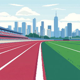 A pixel art representation of a running track in profile view, featuring a detailed overview of the track's lanes and textures