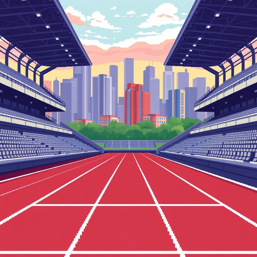 A pixel art running track depicted in profile view, capturing the texture and layout of the lanes with precision